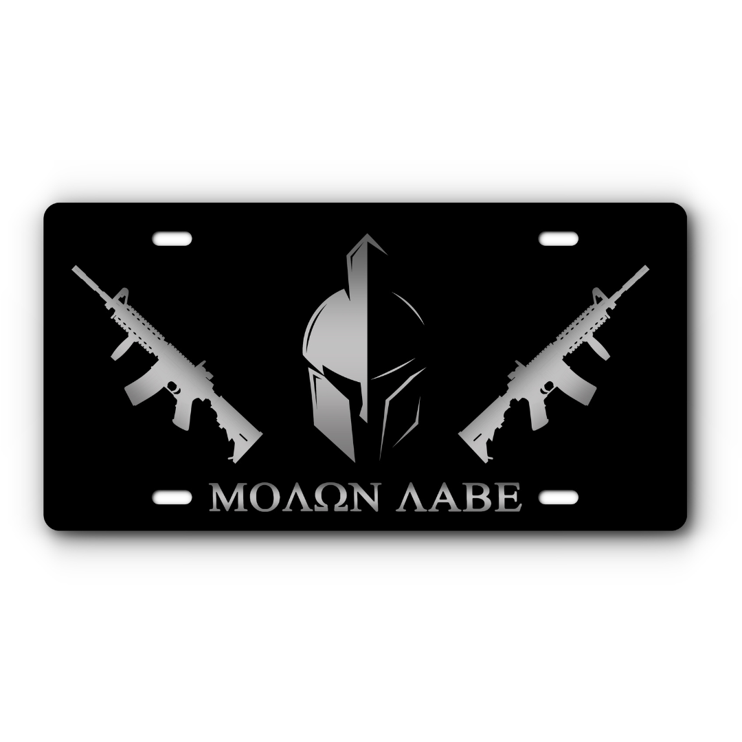 Molon Labe Vanity Aluminum License Plate - Come and Take It - Black & Stainless Steel