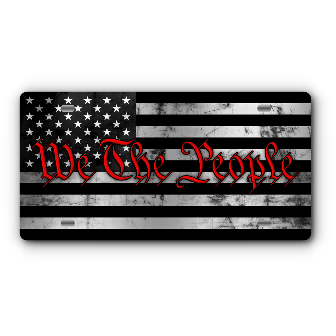 We The People Vanity Aluminum License Plate - Stainless & Red