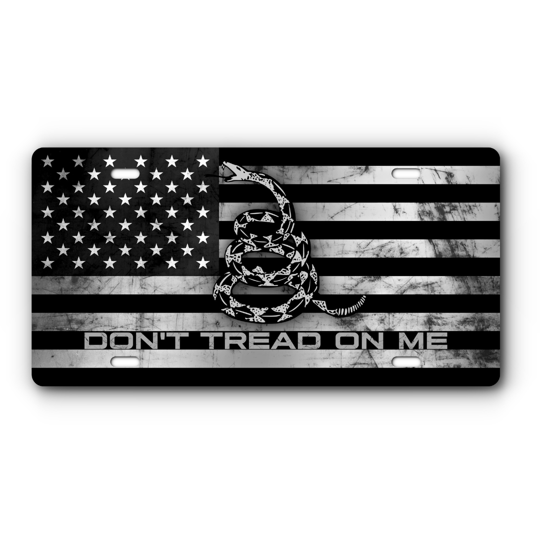 Don't Tread On Me - Come and Take It Vanity Aluminum License Plate - Stainless Distressed Flag