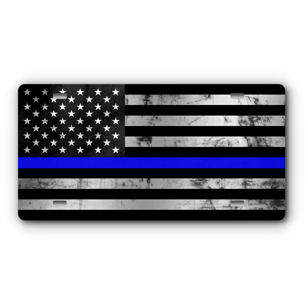 First Responder Vanity Aluminum License Plate - Thin Blue Line Distressed