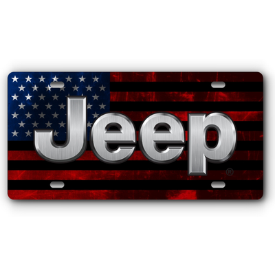 Jeep Distressed Flag - Aluminum License Plate - Red & Blue Stainless