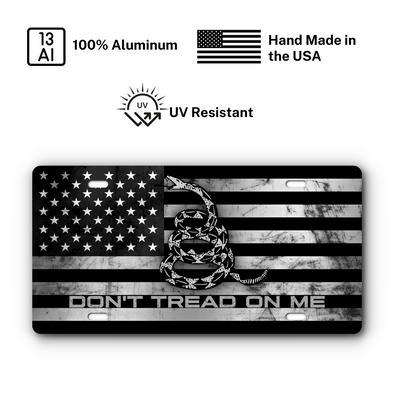 Don't Tread On Me - Come and Take It Vanity Aluminum License Plate - Stainless Distressed Flag