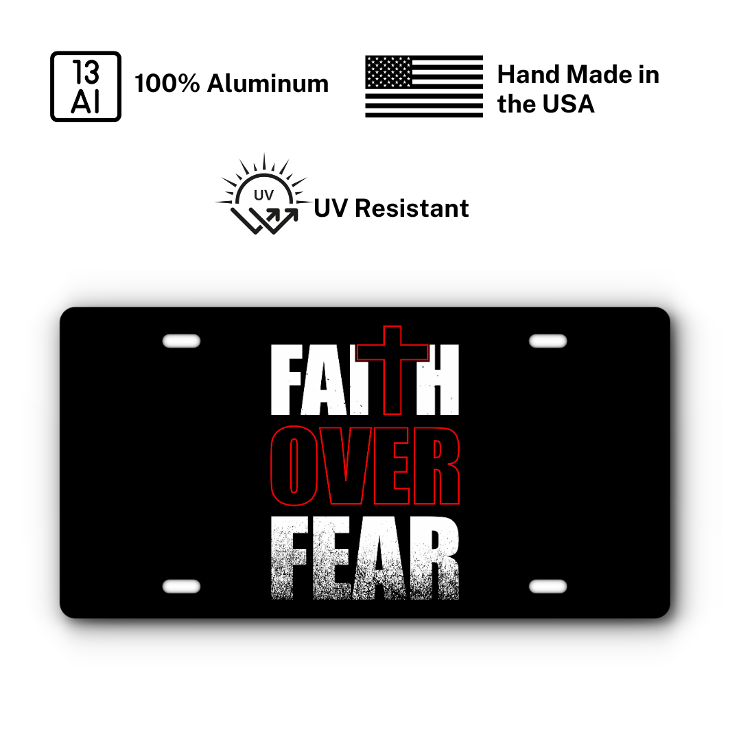 Fiath Over Fear Vanity Aluminum License Plate - Black