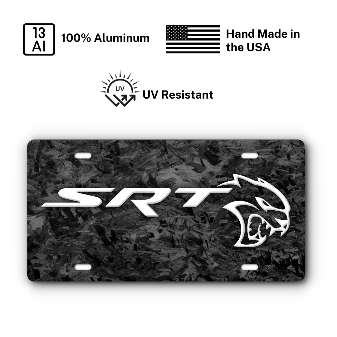 SRT Hellcat Vanity Aluminum License Plate - Simulated Forged + White