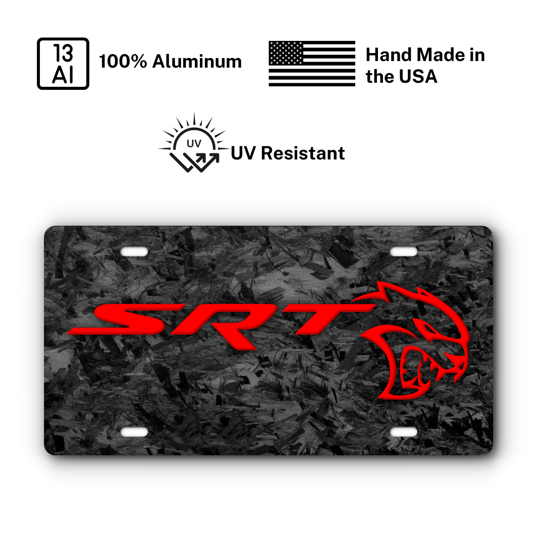 SRT Hellcat Vanity Aluminum License Plate - Simulated Forged + Red