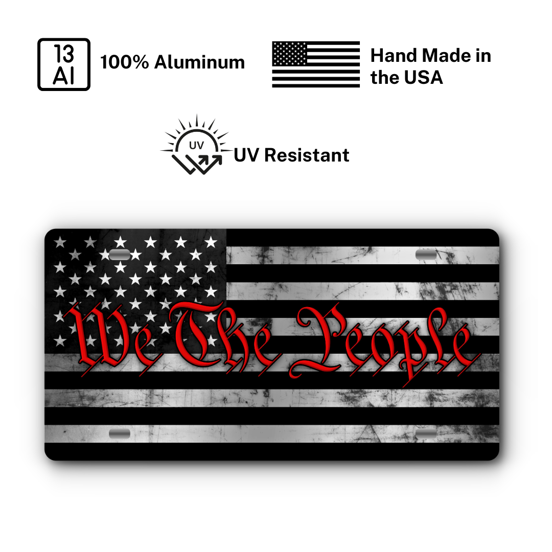 We The People Vanity Aluminum License Plate - Stainless & Red