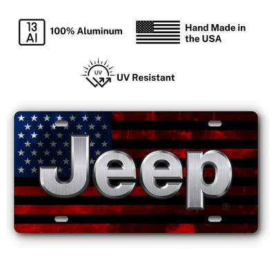 Jeep Distressed Flag - Aluminum License Plate - Red & Blue Stainless