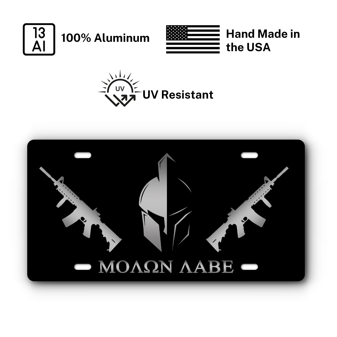 Molon Labe Vanity Aluminum License Plate - Come and Take It - Black & Stainless Steel