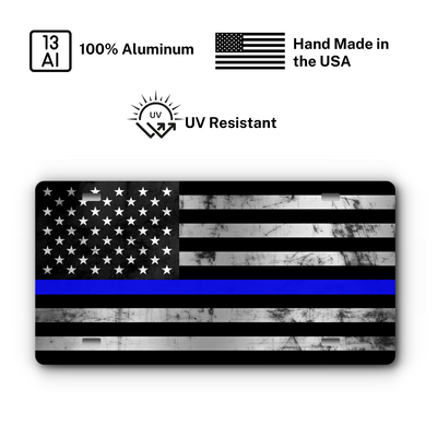 First Responder Vanity Aluminum License Plate - Thin Blue Line Distressed