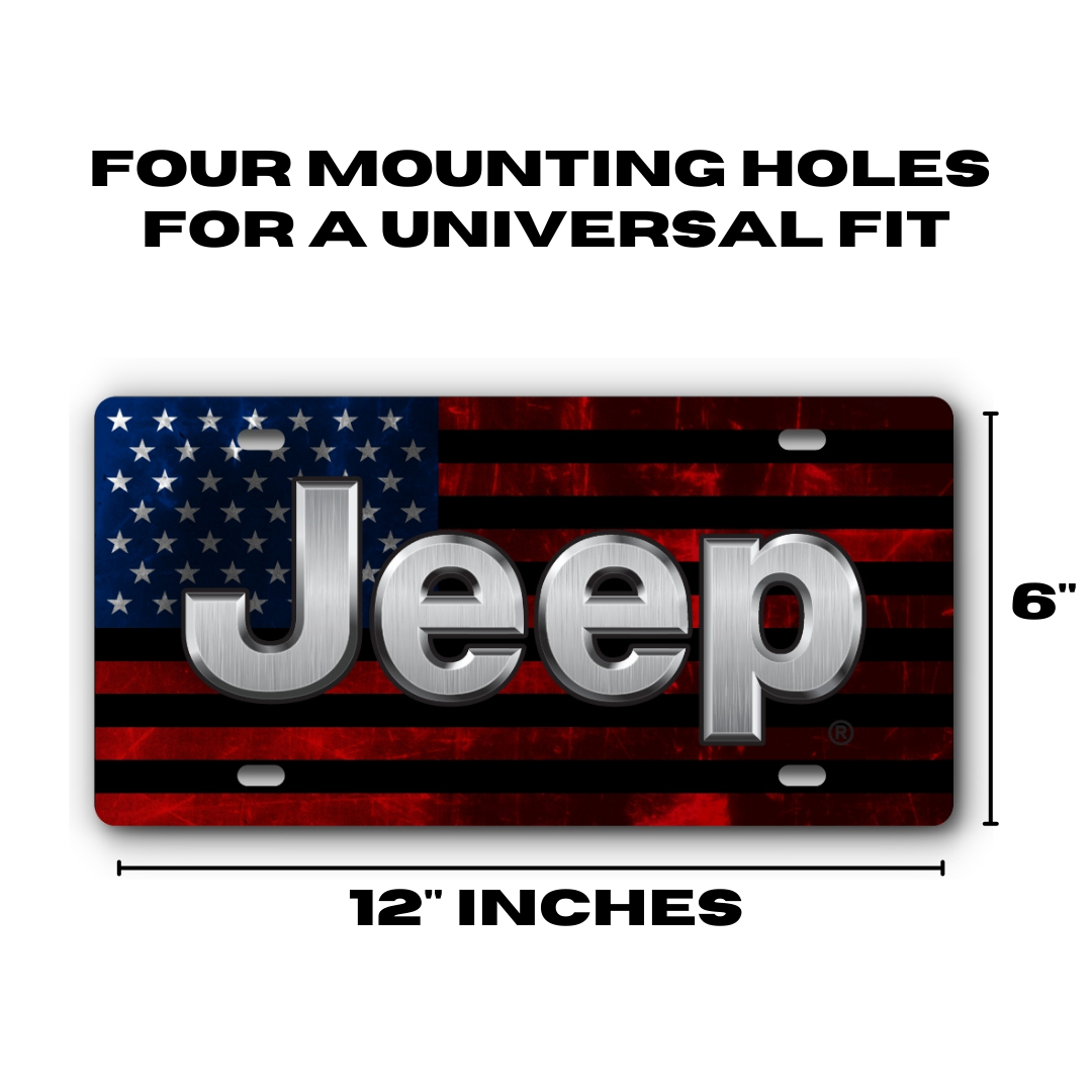 Jeep Distressed Flag - Aluminum License Plate - Red & Blue Stainless