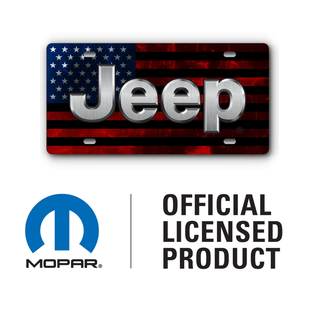 Jeep Distressed Flag - Aluminum License Plate - Red & Blue Stainless